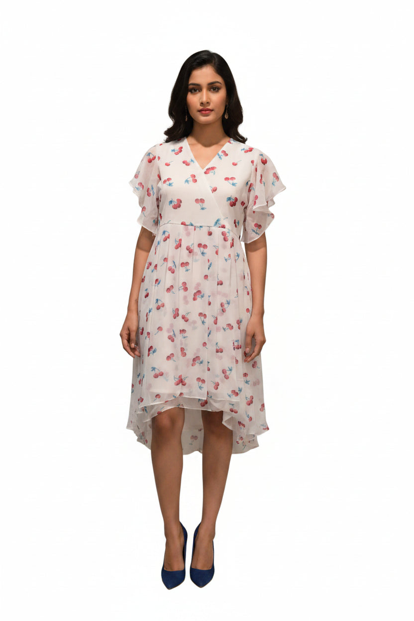White cherry prints layered dress