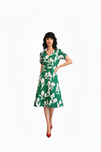 Green and white floral dress