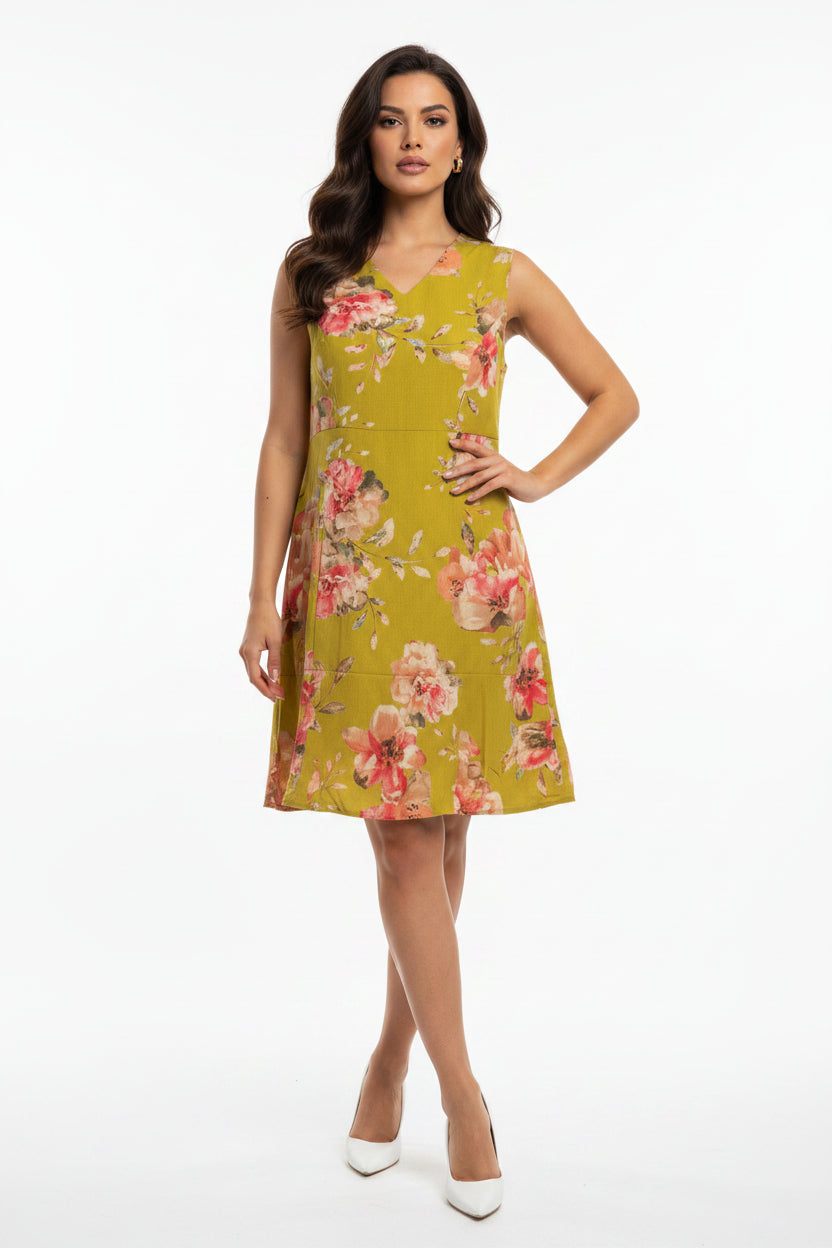 Olive Green Floral A-Line Dress