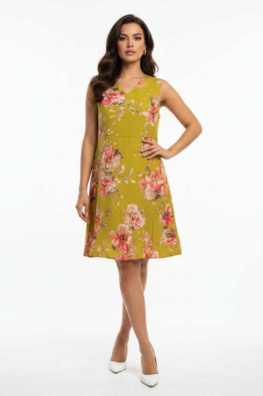 Olive Green Floral A-Line Dress