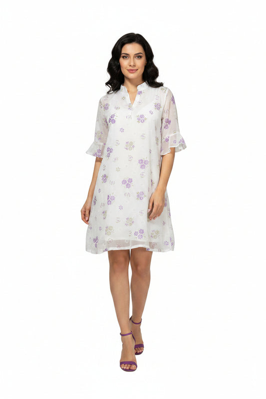 White-purple bell sleeve dress