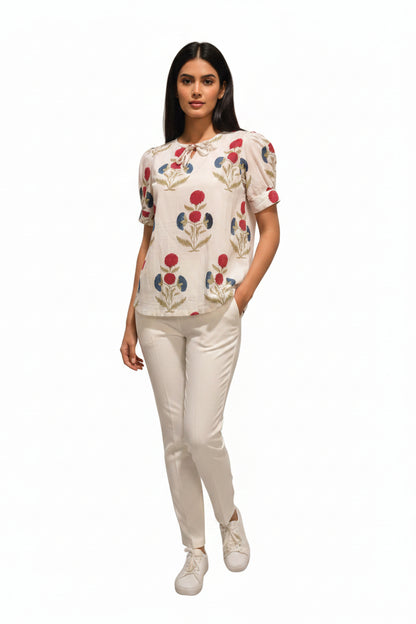 White Printed Floral Top
