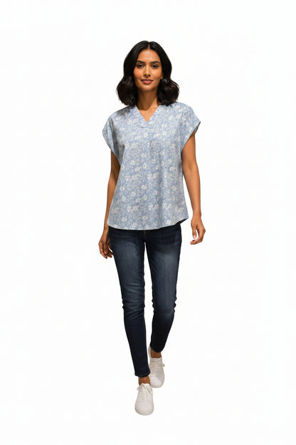 Blue Floral Semi-Cotton Top