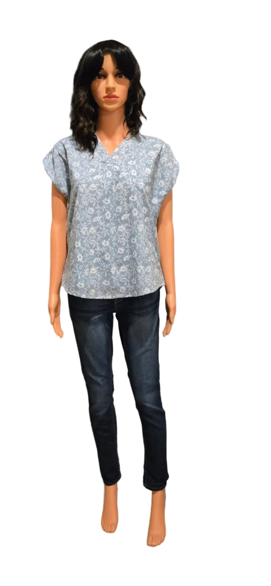 Blue Floral Semi-Cotton Top