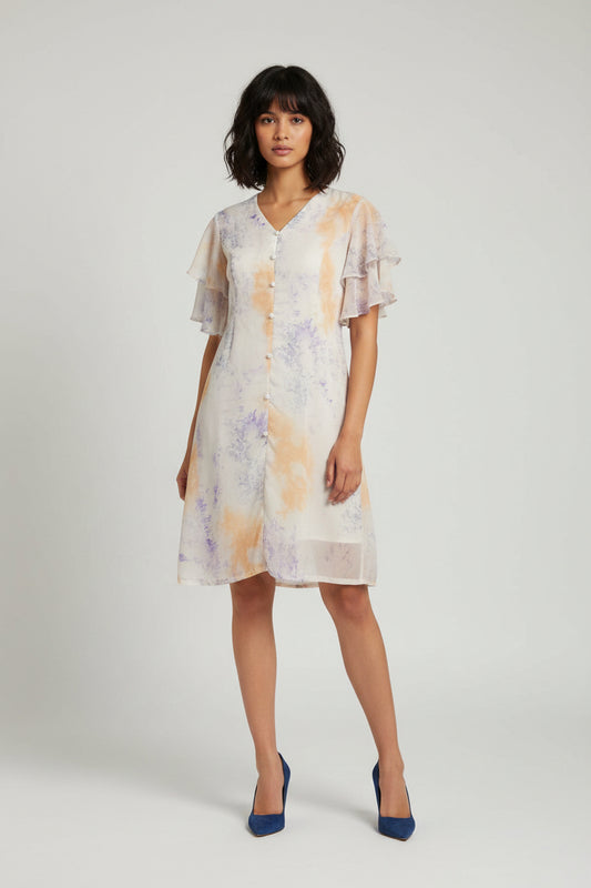 Pastel multi-color ruffle sleeves dress