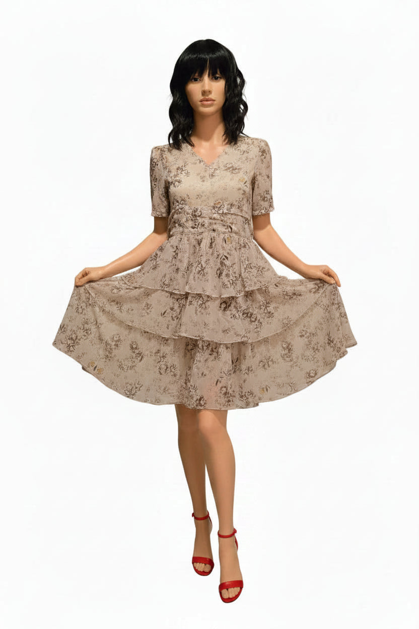 Beige Floral Tiered Dress