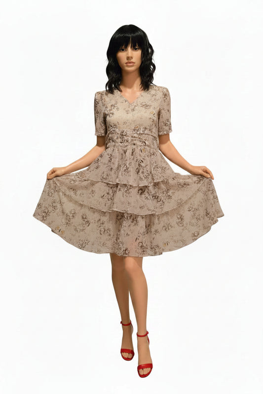Beige Floral Tiered Dress