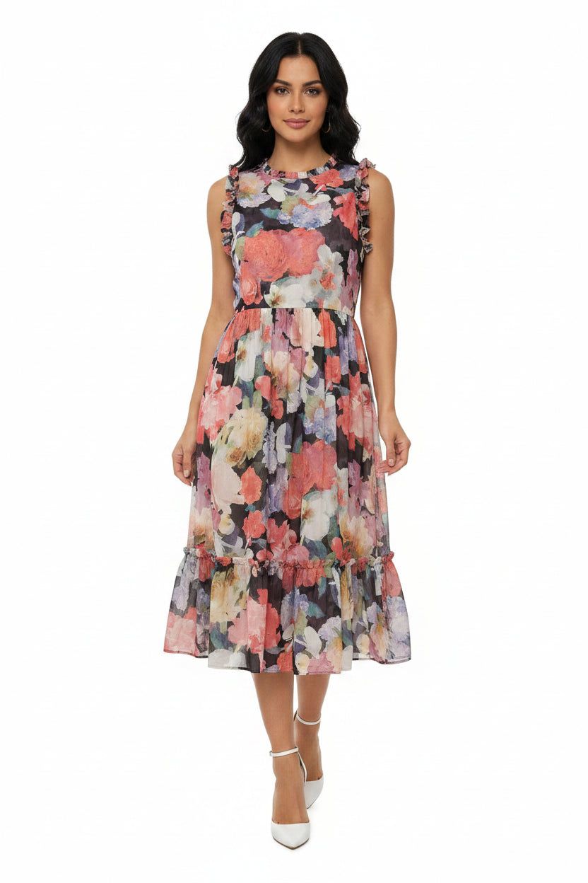 Coral & Pink Floral Midi Dress