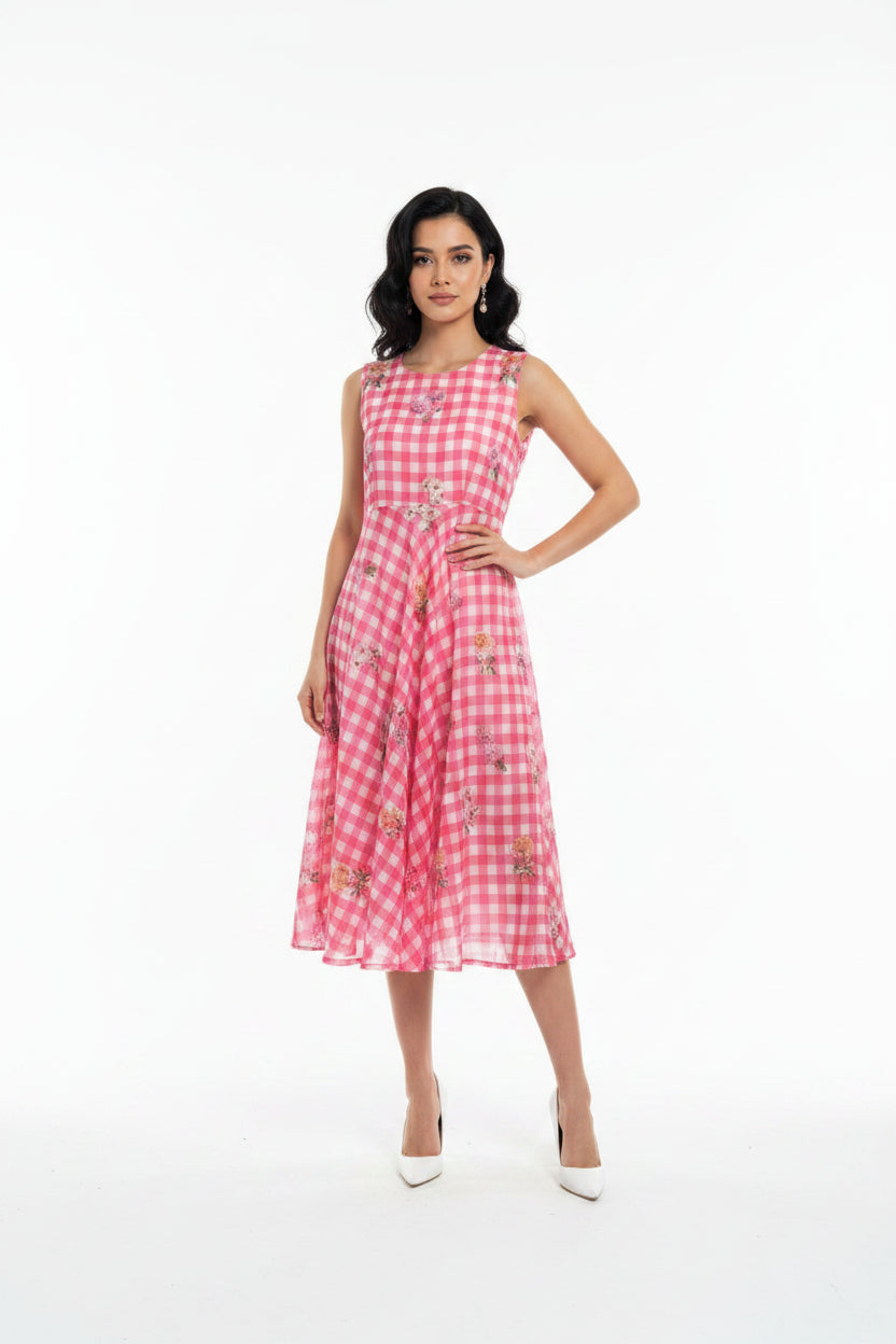 Pink Floral Check Midi Dress
