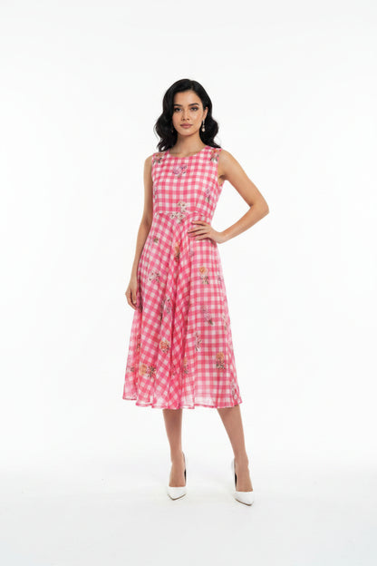 Pink Floral Check Midi Dress