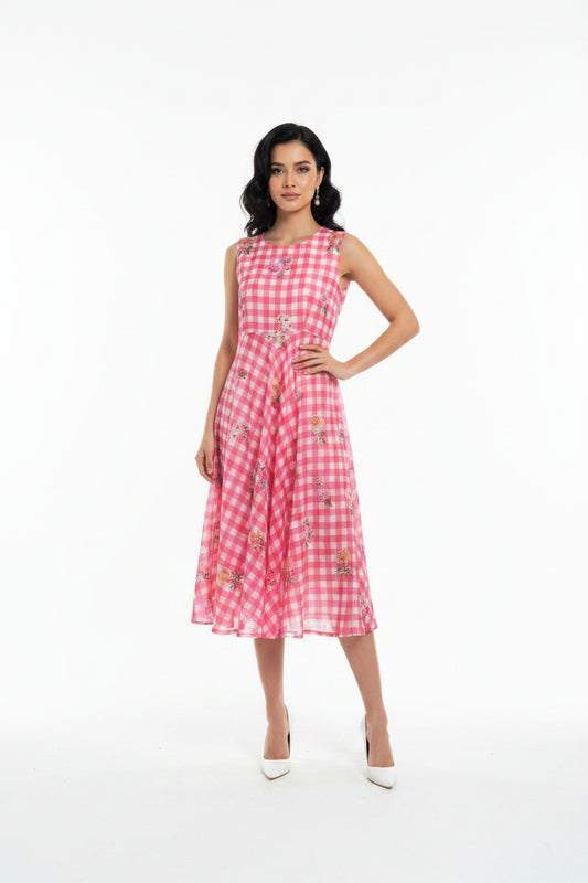 Pink Floral Check Midi Dress