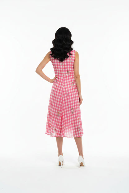 Pink Floral Check Midi Dress