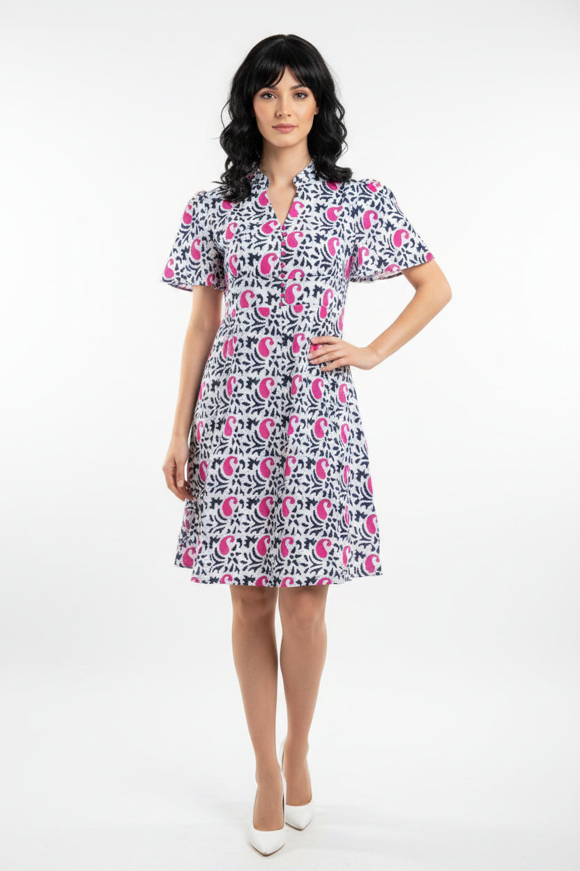 White Navy Pink Printed Dress