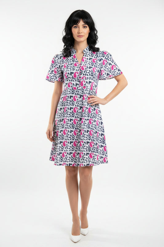 White Navy Pink Printed Dress