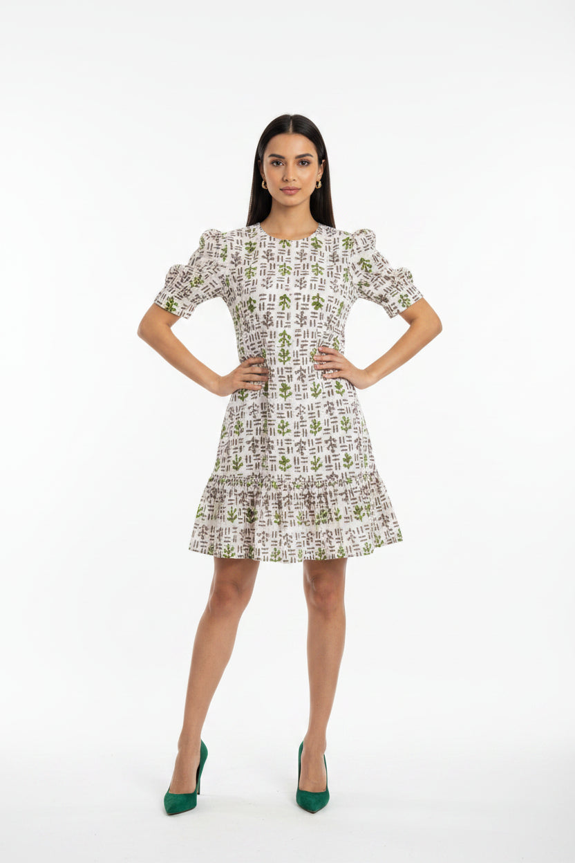 White Olive Green Printed Dress