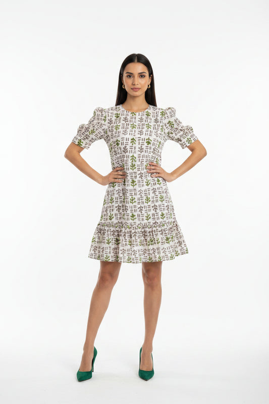 White Olive Green Printed Dress