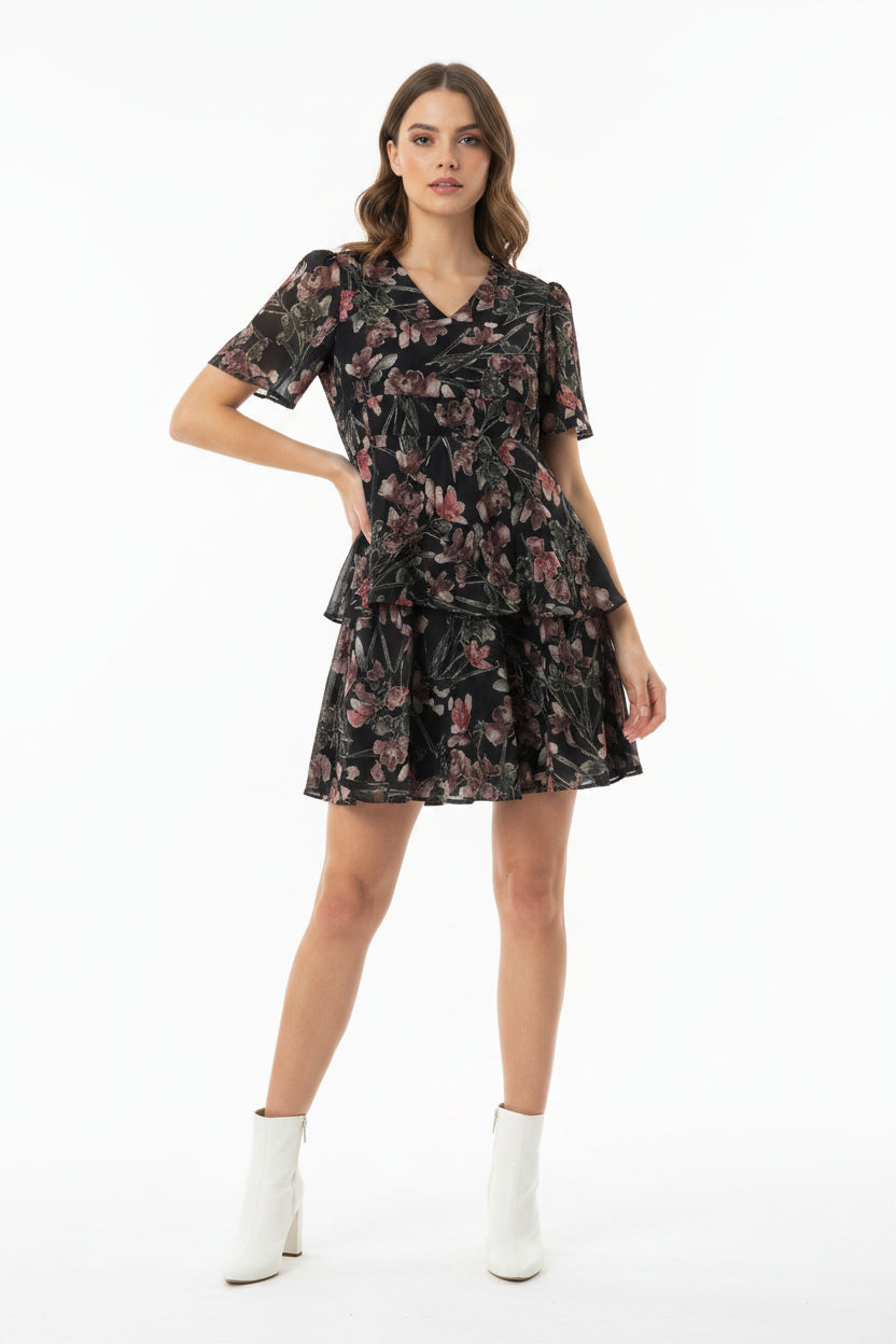 Black Floral Fit-and-Flare Dress