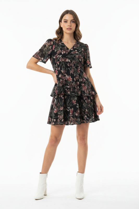 Black Floral Fit-and-Flare Dress