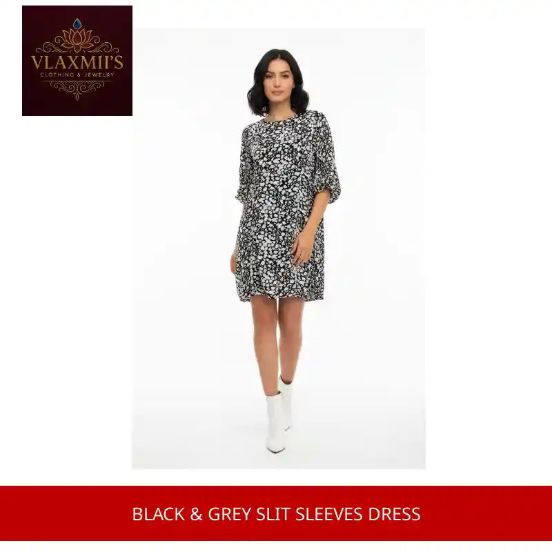 Black & Grey Slit Sleeves Dress by@Outfy