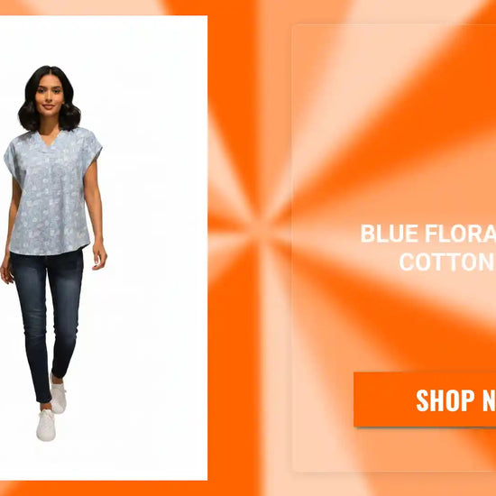 Blue Floral Semi-Cotton Top by@Outfy