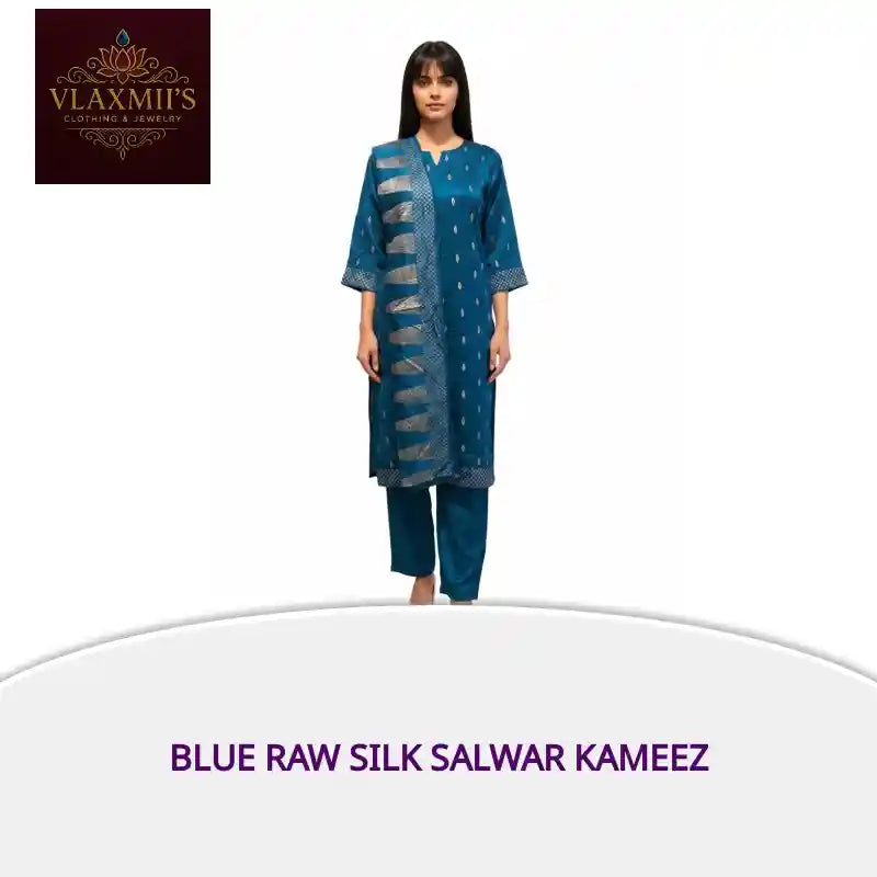 Blue Raw Silk Salwar Kameez by@Outfy