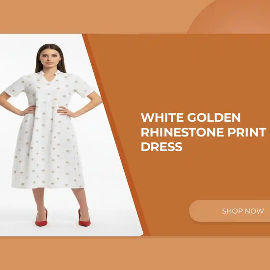 White Golden Rhinestone Print Dress by@Outfy