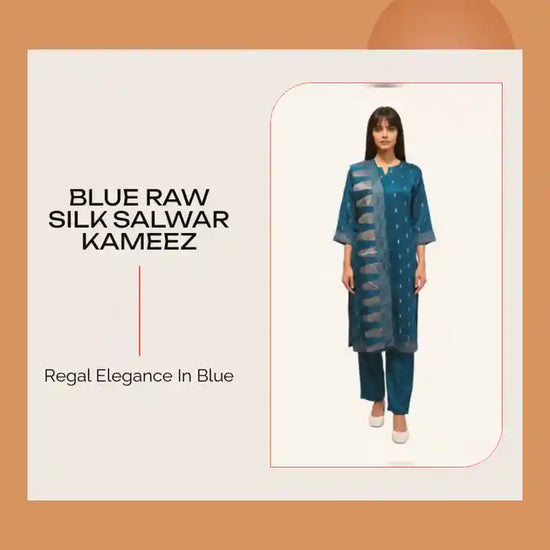 Blue Raw Silk Salwar Kameez by@Outfy