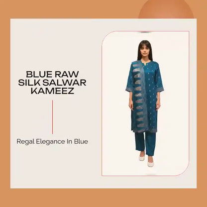 Blue Raw Silk Salwar Kameez by@Outfy