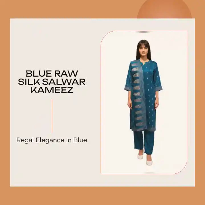 Blue Raw Silk Salwar Kameez by@Outfy
